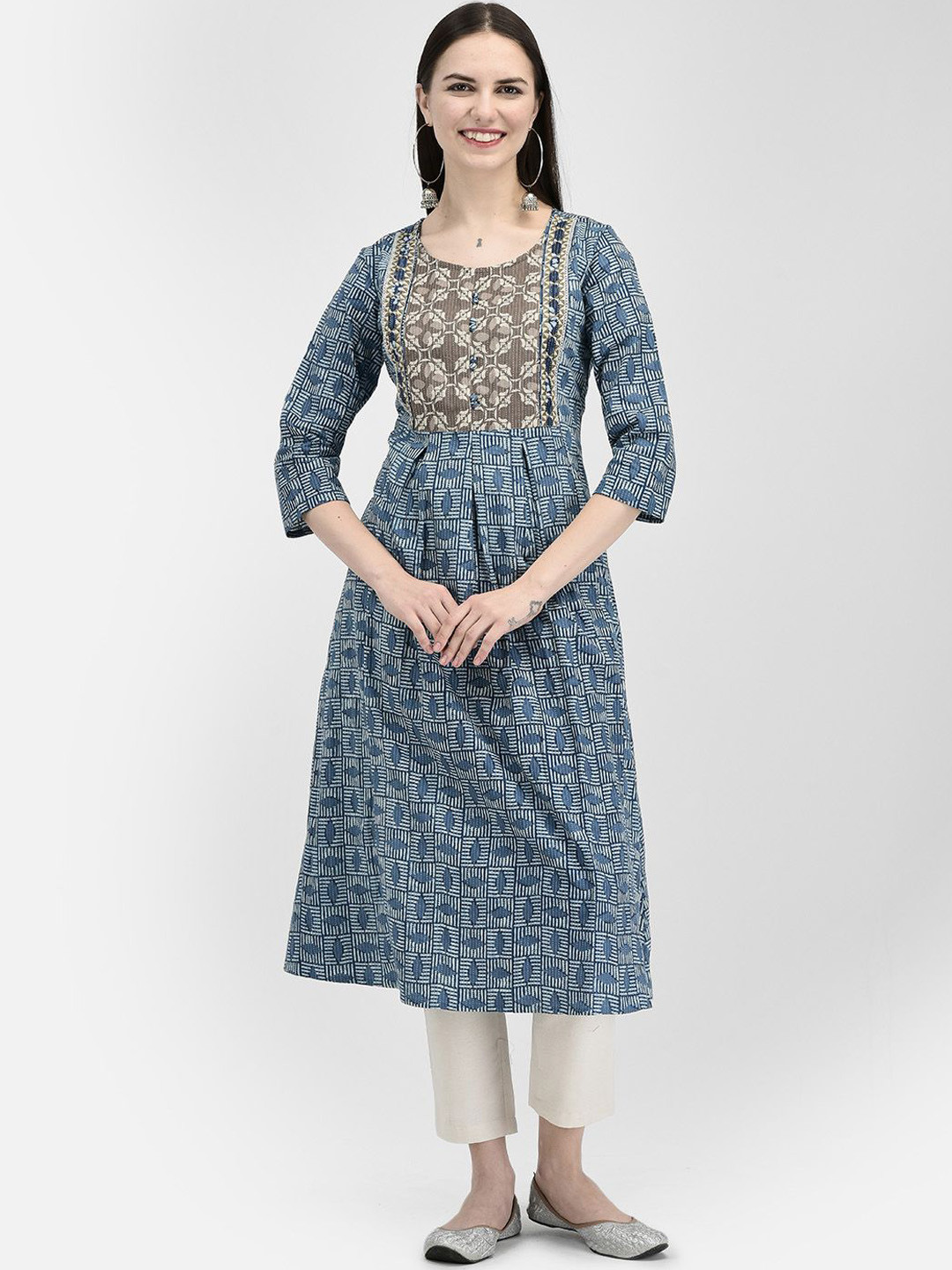 

Span Ethnic Motifs Printed Thread Work cotton A-Line Kurta, Blue
