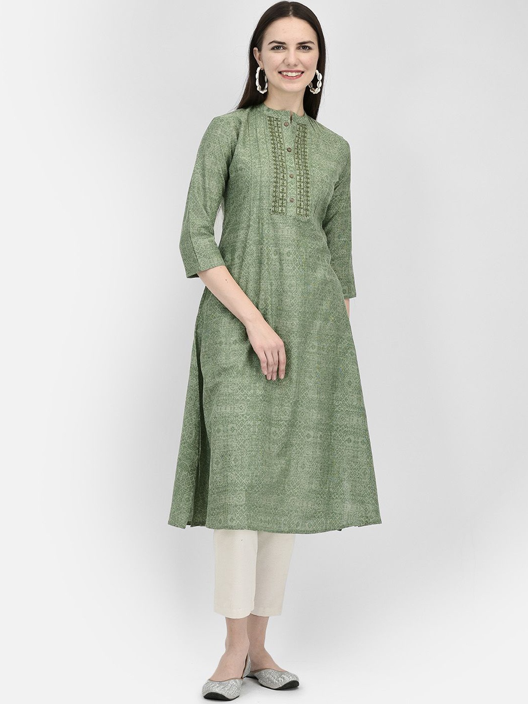 

Span Ethnic Motifs Printed Mandarin Collar Sleeves Thread Work Anarkali Kurta, Green