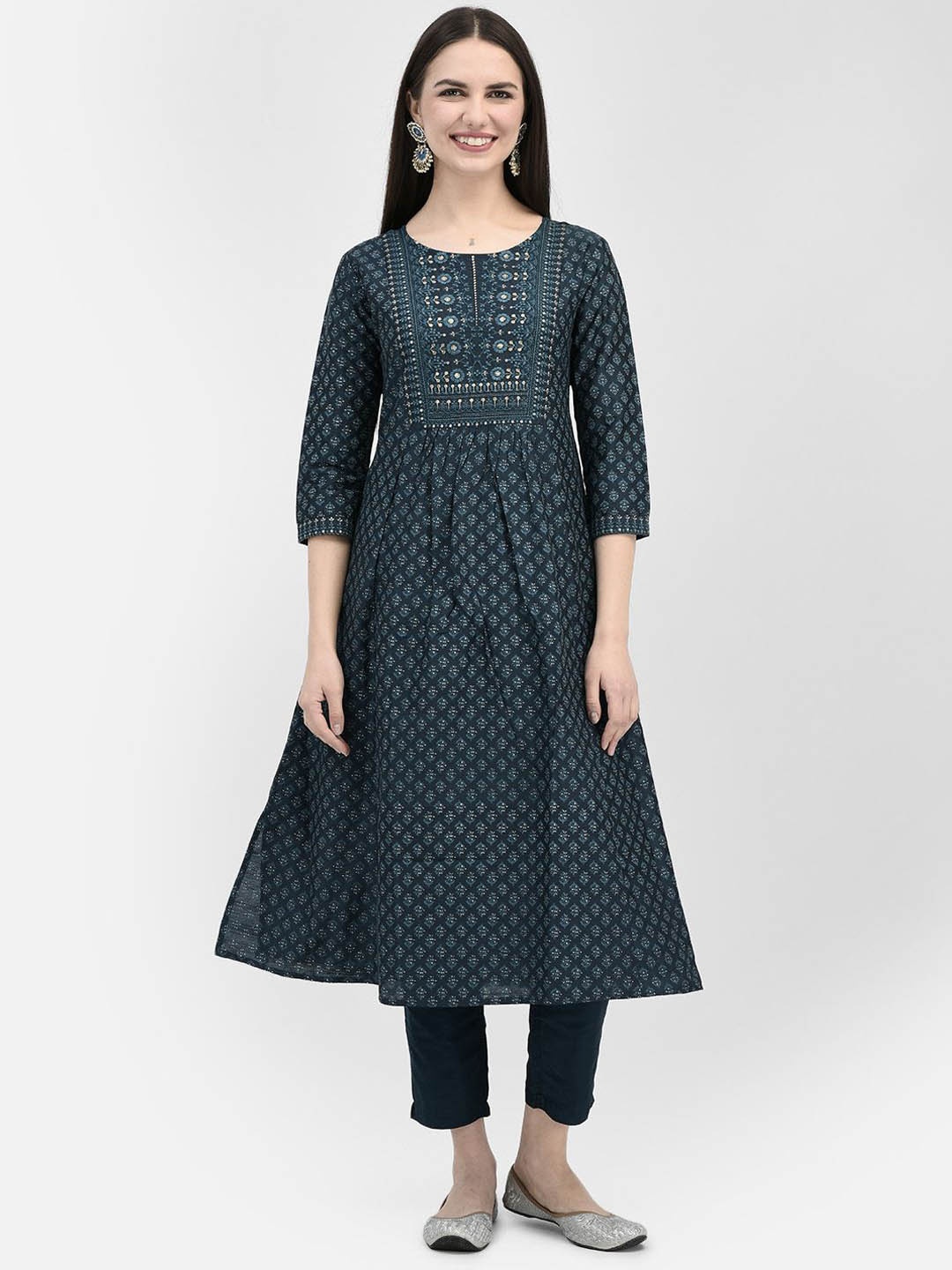 

Span Ethnic Motifs Printed Round Neck Three-Quarter SleevesThread Work Anarkali Kurta, Blue