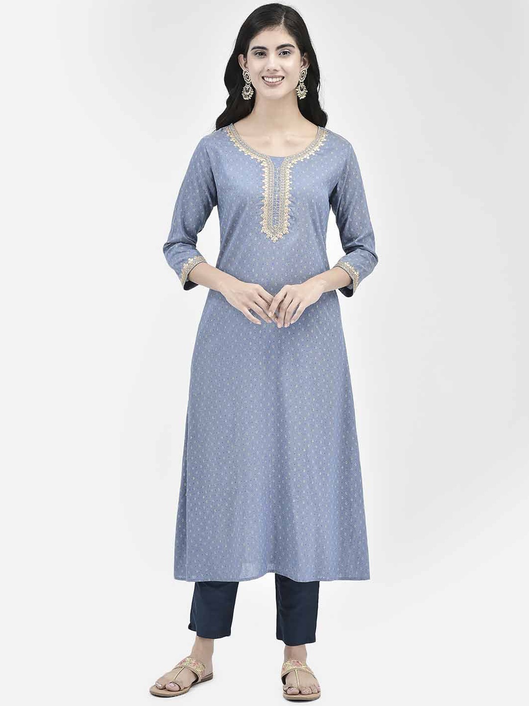 

Span Ethnic Motifs Printed Round Neck Three-Quarter Sleeves Thread Work Anarkali Kurta, Blue