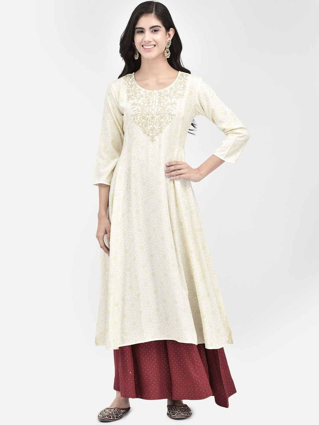 

Span Ethnic Motifs Printed Round Neck Three-Quarter Sleeves Thread Work Anarkali Kurta, White