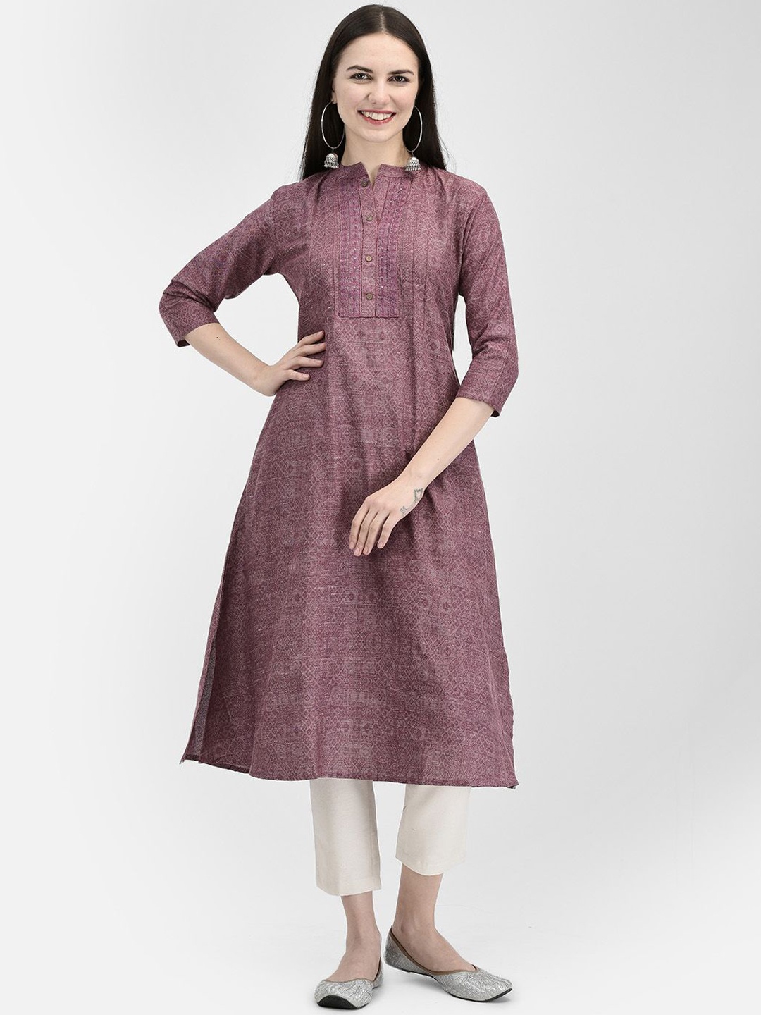 

Span Ethnic Motifs Printed Mandarin Collar Three-Quarter Sleeves Thread Work A-Line Kurta, Purple