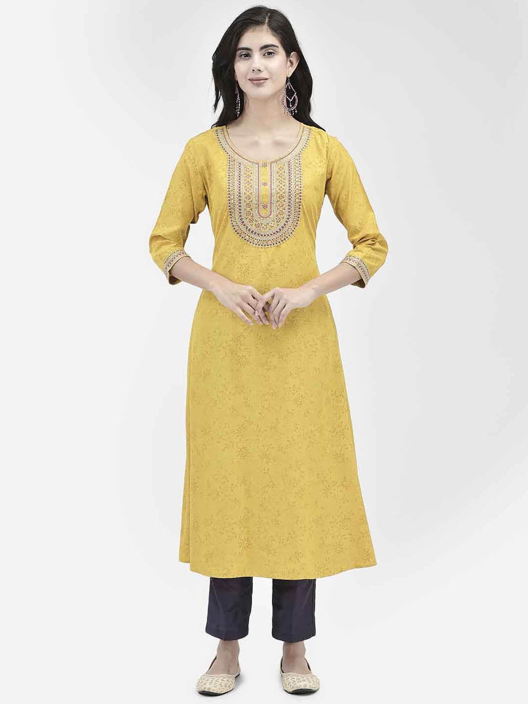 

Span Floral Yoke Design Round Neck Three-Quarter Sleeves Thread Work Kurta, Yellow