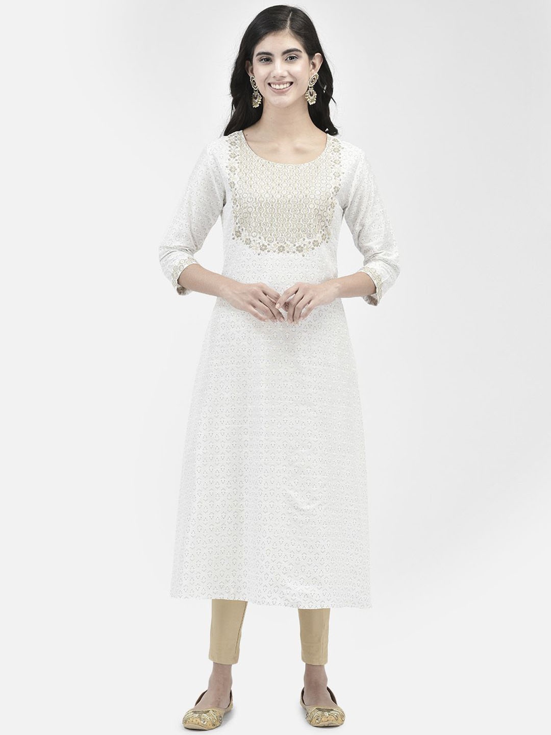 

Span Ethnic Motifs Printed Round Neck Three-Quarter Sleeves Thread Work Anarkali Kurta, White