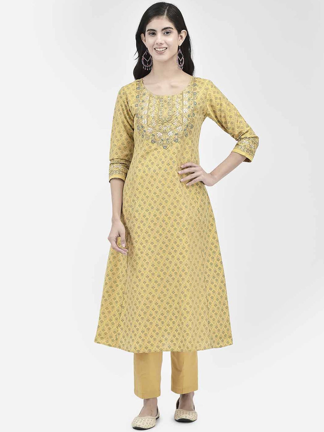 

Span Ethnic Motifs Printed Round Neck Three-Quarter Sleeves Thread Work Anarkali Kurta, Yellow