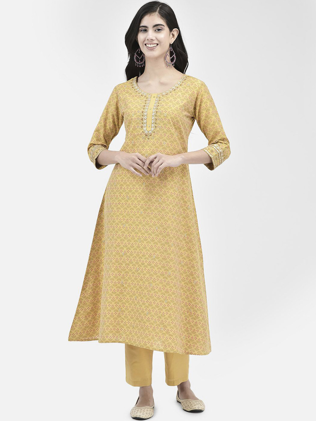 

Span Ethnic Motifs Printed Thread Work Silk A-Line Kurta, Yellow