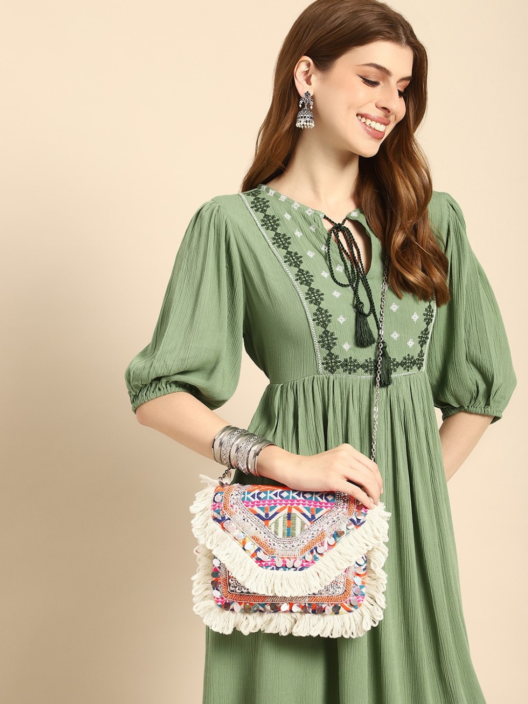 

Sangria Textured Embellished Sling Bag, Multi