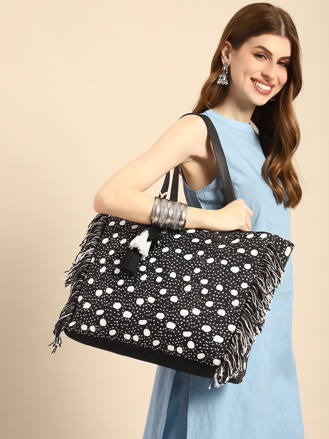 Sangria Textured Shopper Tote Bag with Fringes, Black