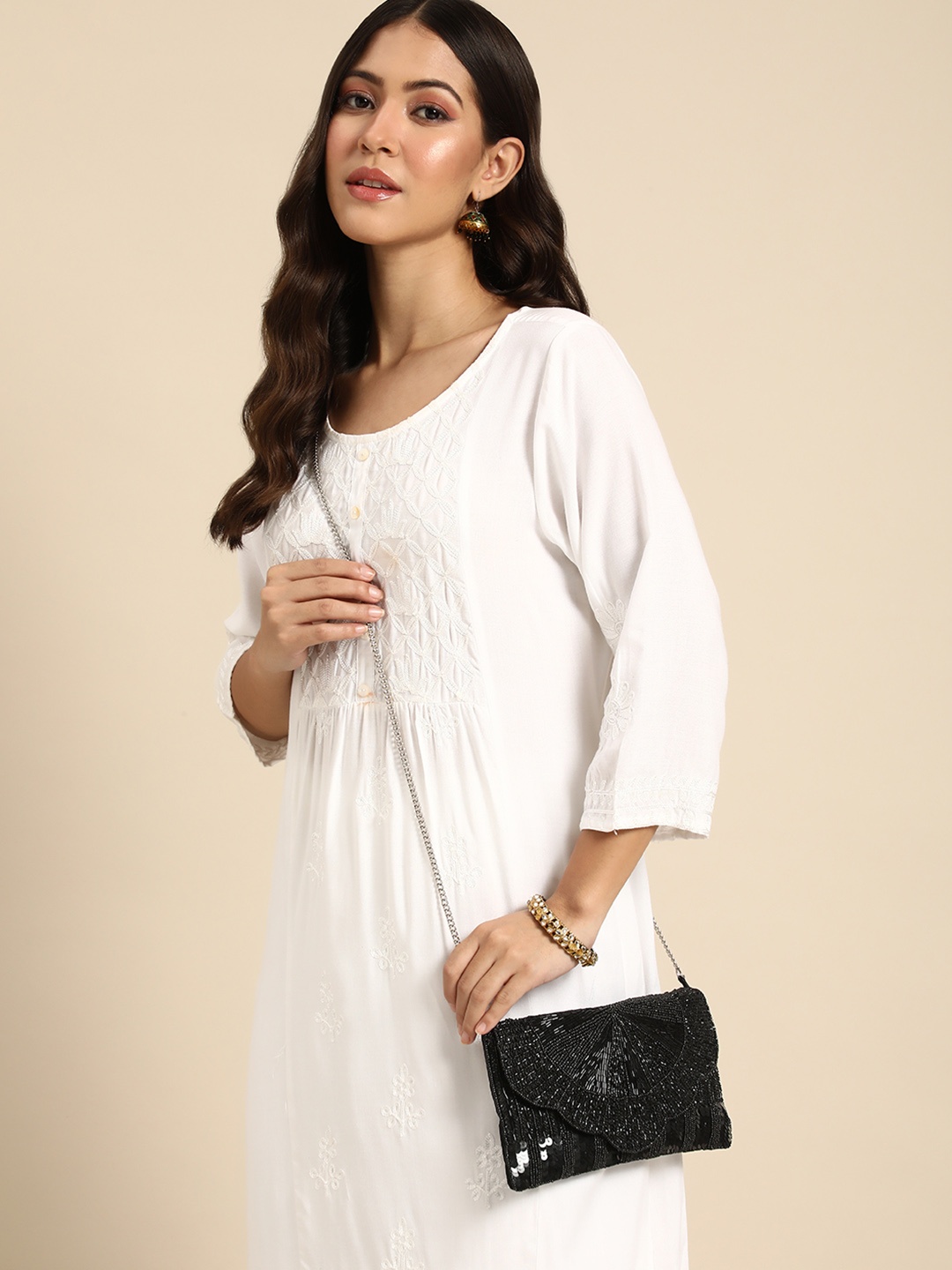 

Sangria Embellished Structured Sling Bag, Black