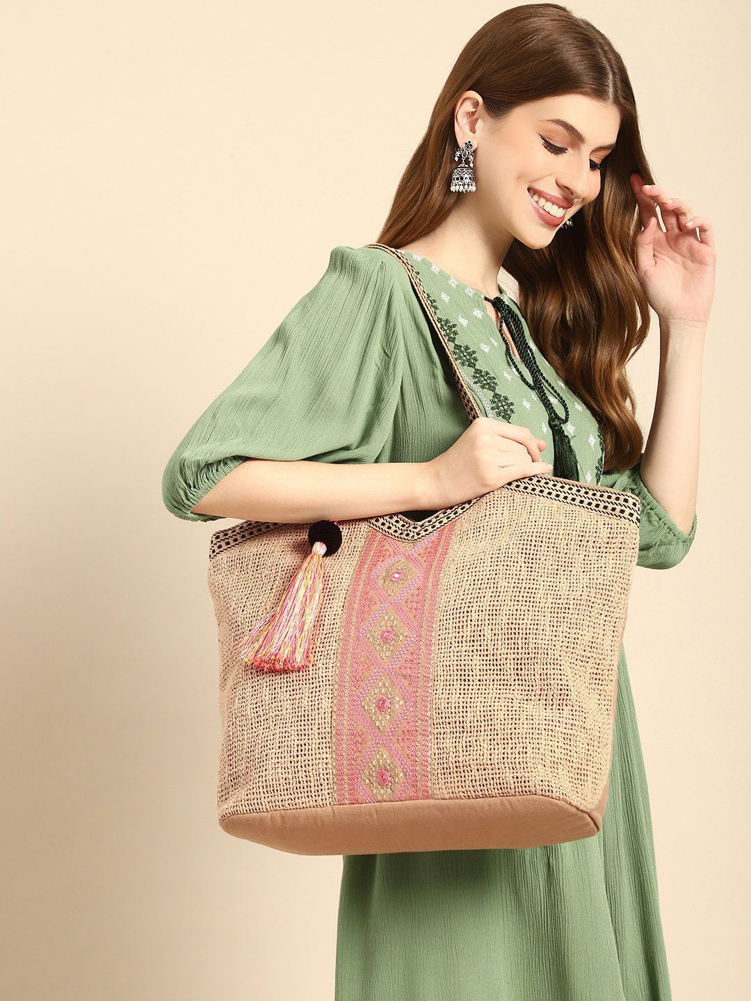 

Anouk Geometric Textured Shopper Tote Bag with Tasselled, Beige
