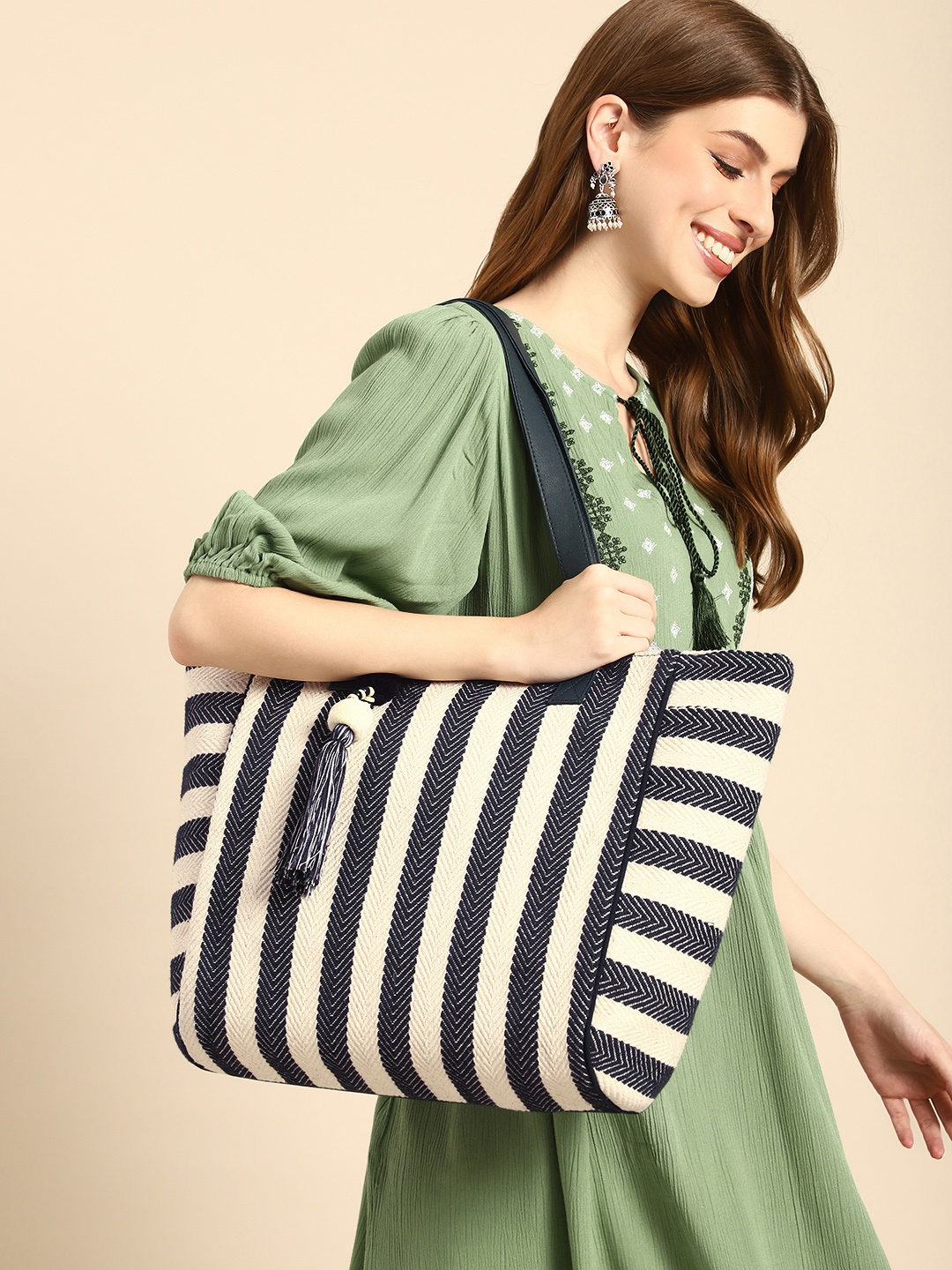 

Anouk Geometric Textured Shopper Tote Bag with Tasselled, Black