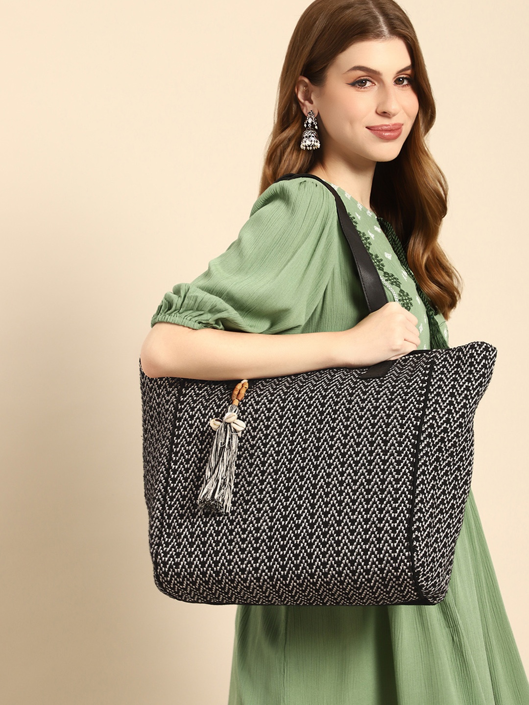 

Anouk Geometric Textured Shopper Tote Bag, Black