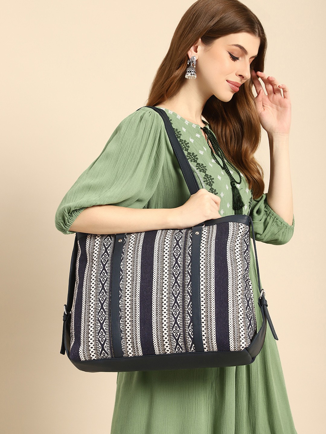 Anouk Geometric Textured Shopper Tote Bag, Black