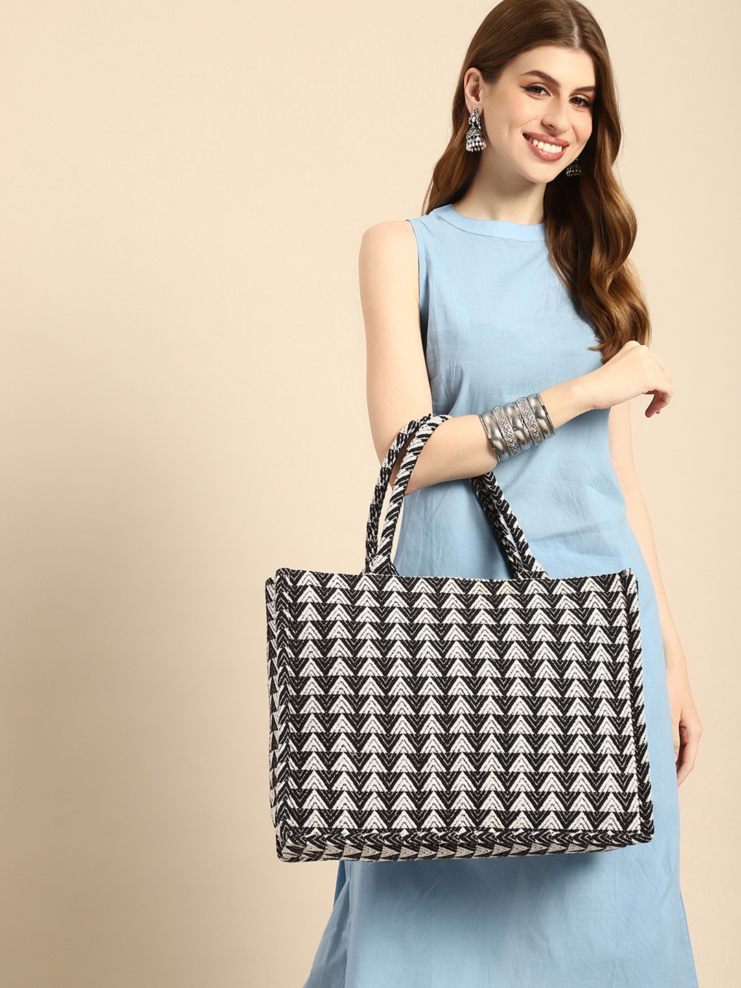 Anouk Geometric Shopper Tote Bag, Black