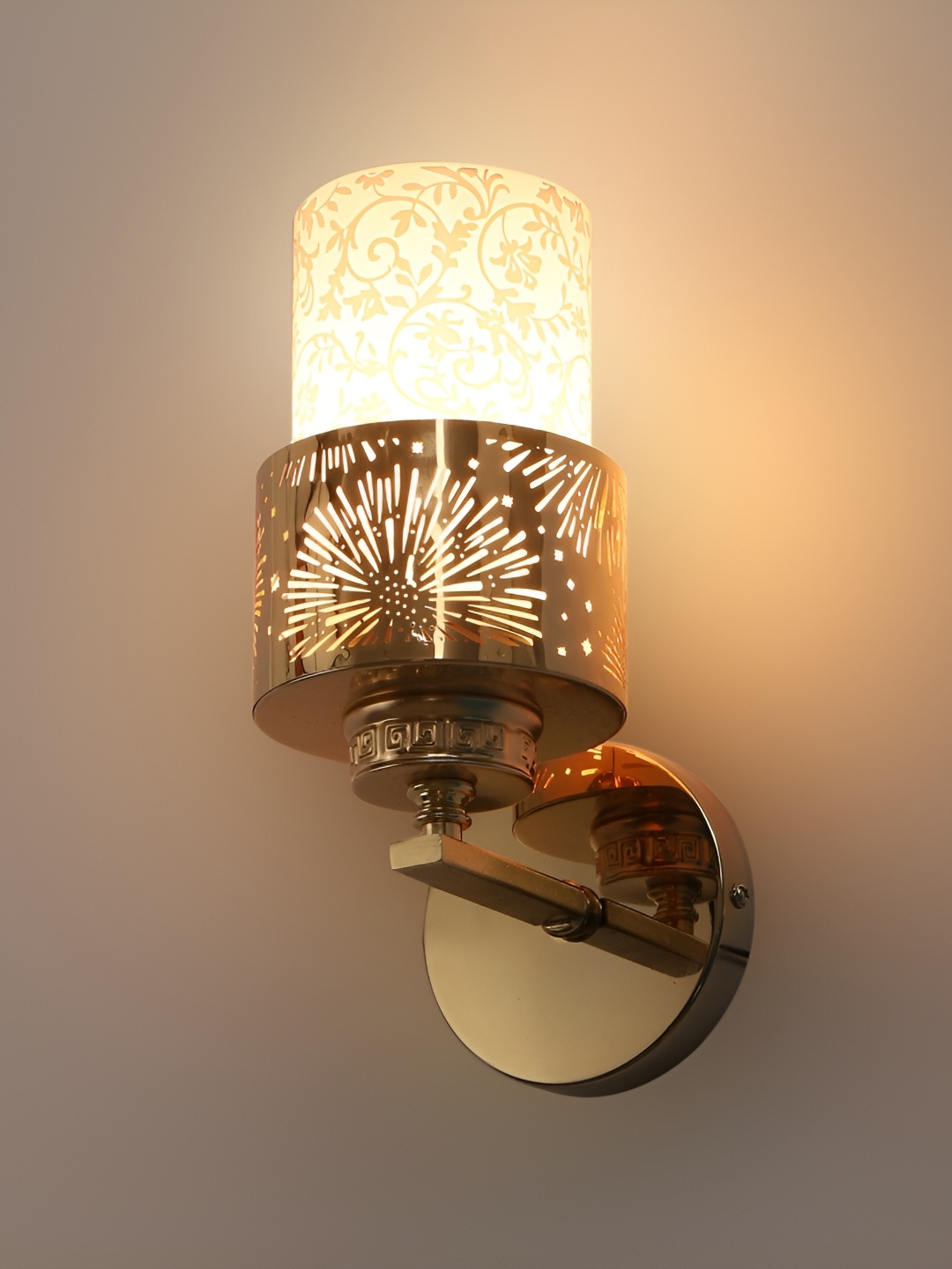 

CORAL TREE Gold-Toned & Yellow Printed Copper Cylinder Shaped Wall Lamp