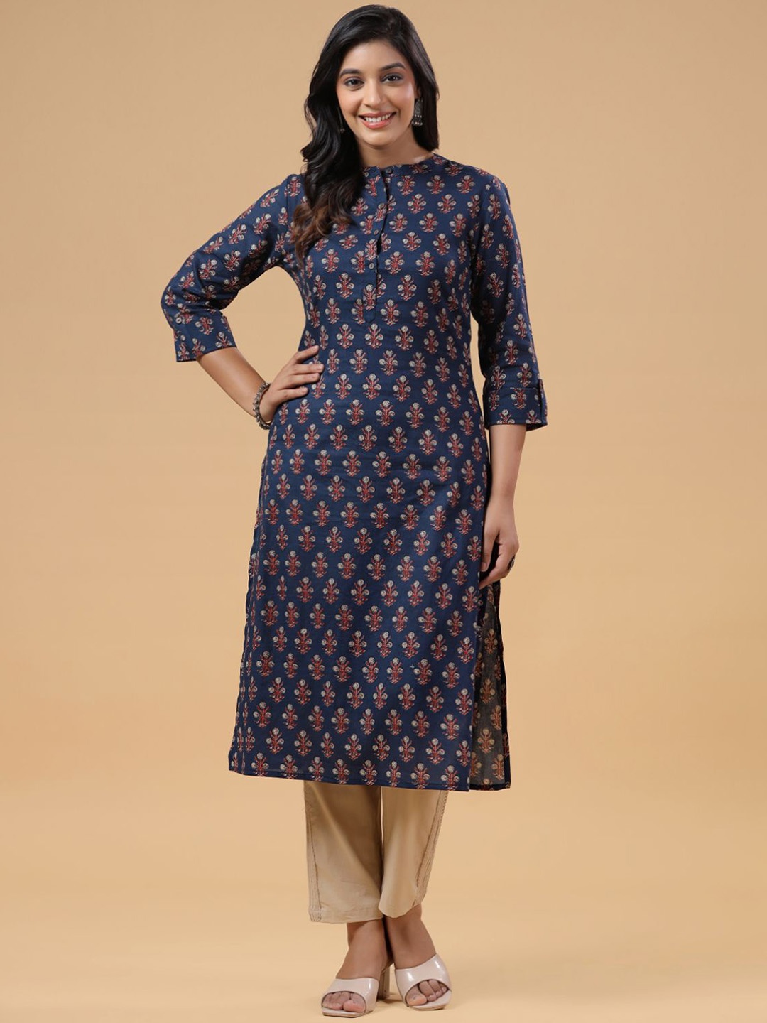

SAVI Floral Printed Band Collar Straight Cotton Kurta, Blue