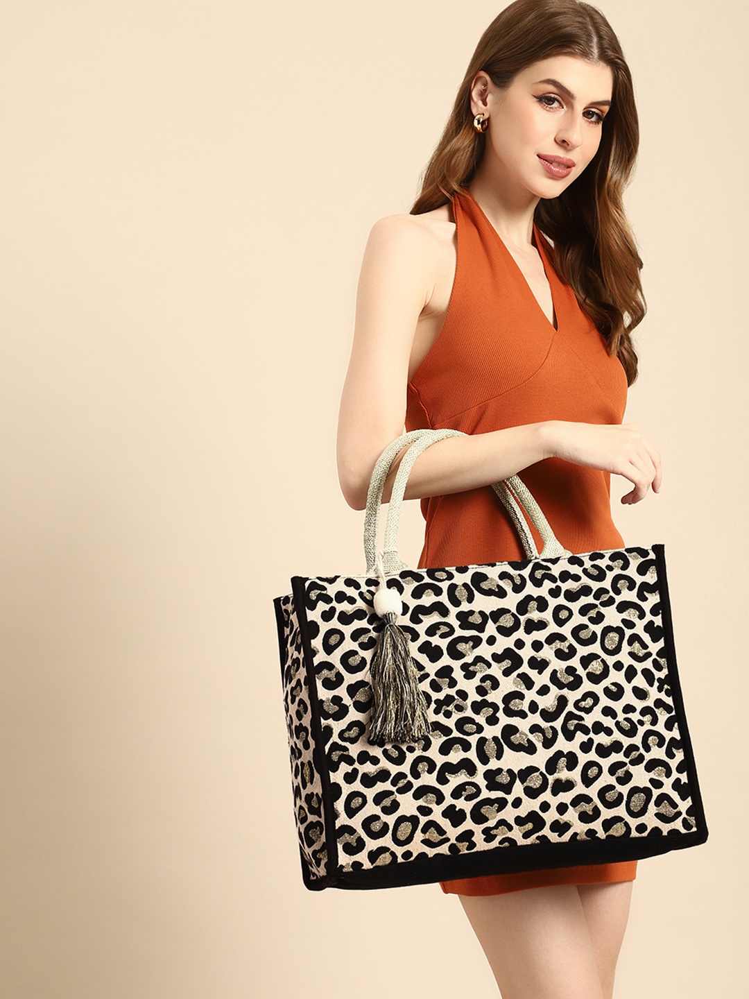 

DressBerry Animal Printed Shopper Tote Bag with Tasselled Detail, Black