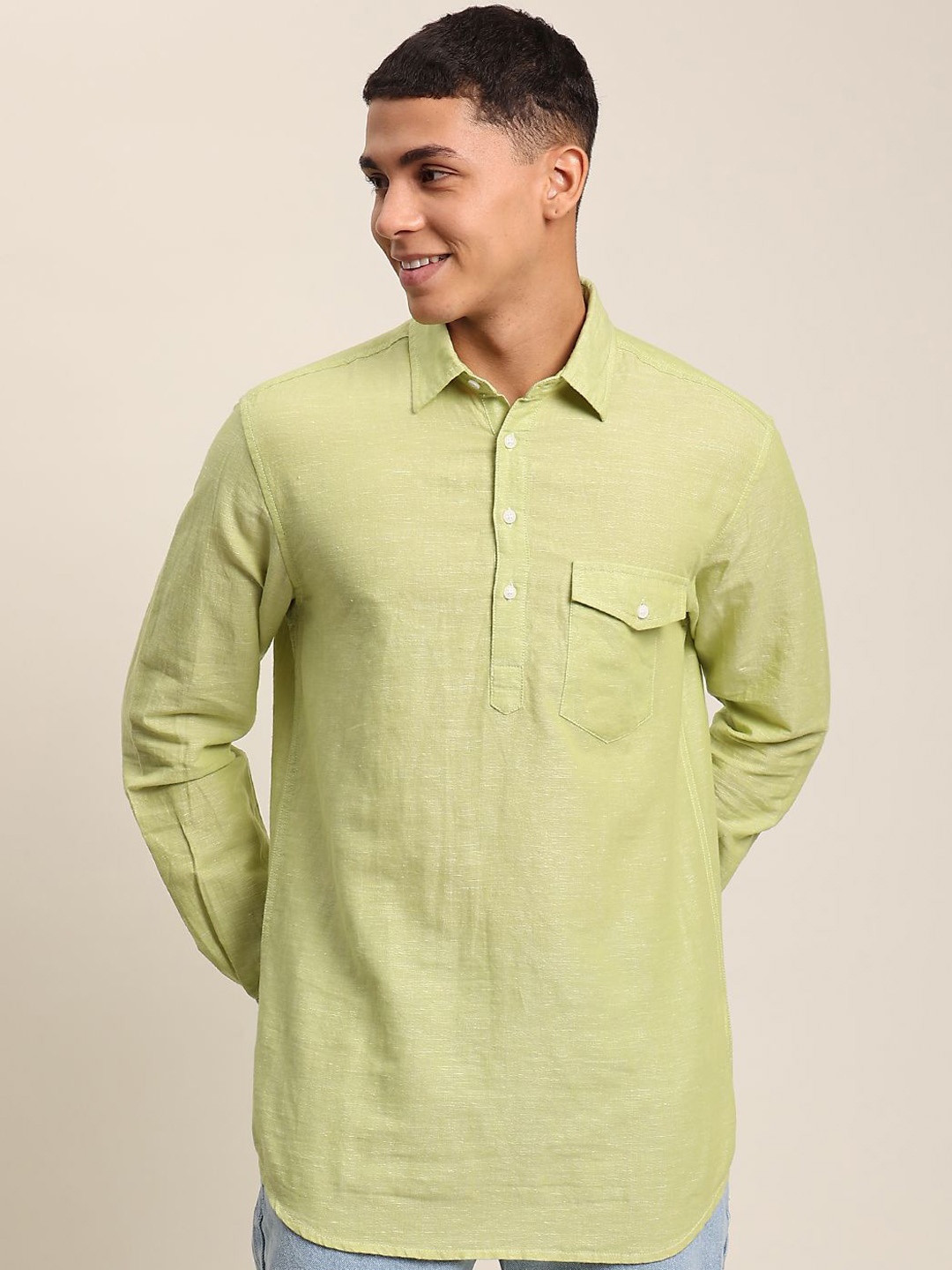 

IVOC Shirt Collar Cotton Linen Short Kurta, Green