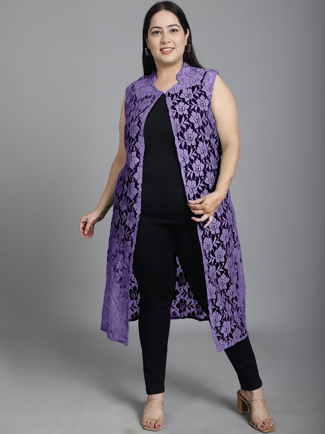 

urSense Plus Size Self Design Mandarin Collar Sheer Longline Shrug, Purple
