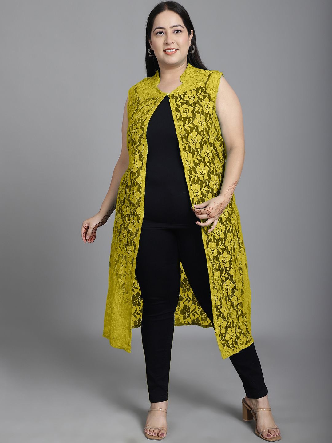 

urSense Plus Size Lace Self Design Sleeveless Longline Sheer Open Front Shrug, Yellow