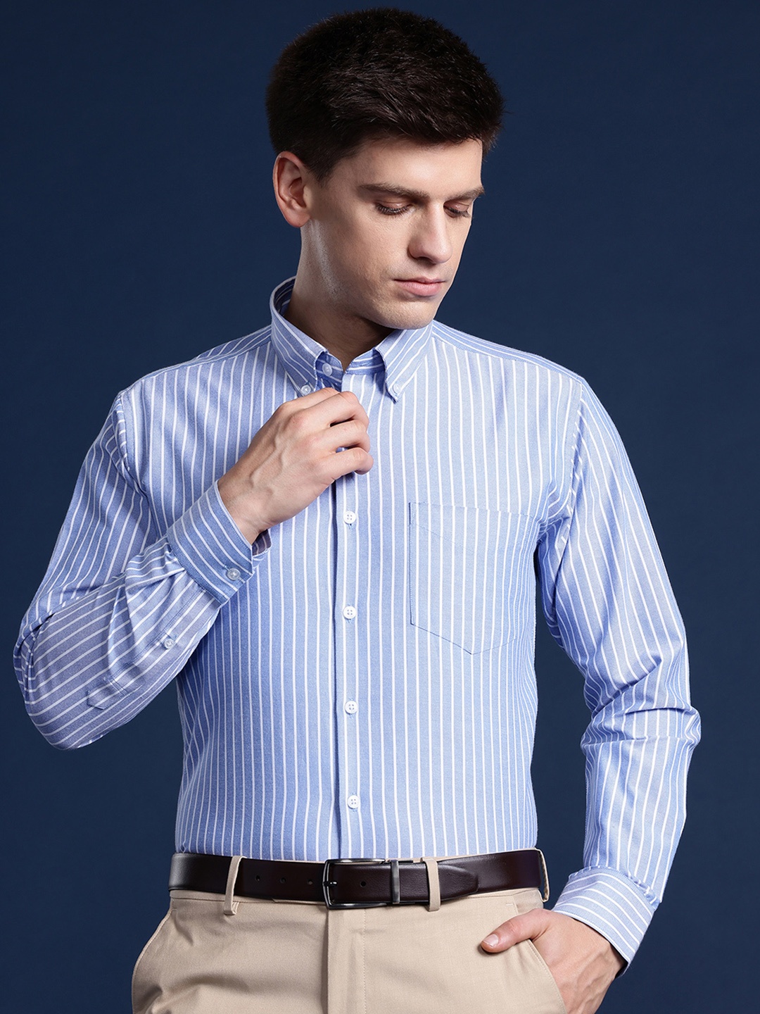 

Hancock Men Striped Wrinkle Resistant Button Down Collar Formal Shirt, Blue