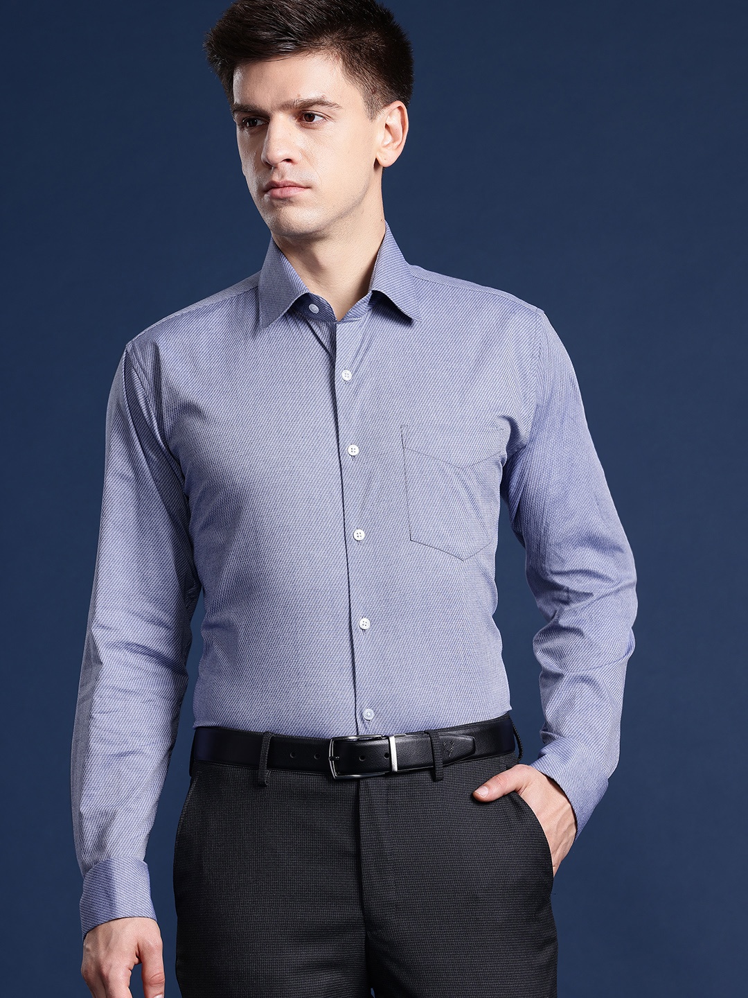 

Hancock Men Self Design French Cuff Pure Cotton Formal Shirt, Grey
