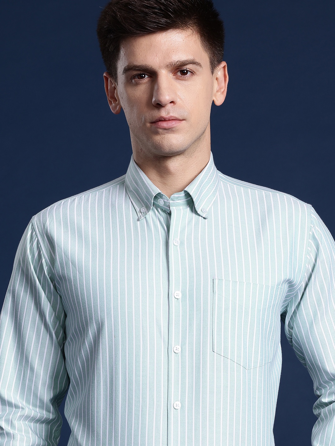 

Hancock Men Striped Wrinkle Resistant Button Down Collar Formal Shirt, Green