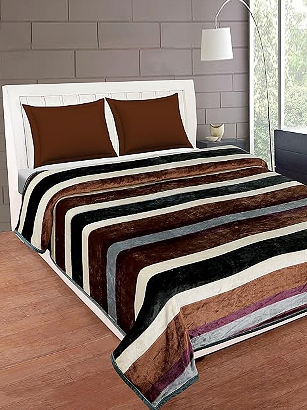 

ELSTONE HOME Brown & Cream-Coloured Striped Heavy Winter 350 GSM Double Bed Blanket