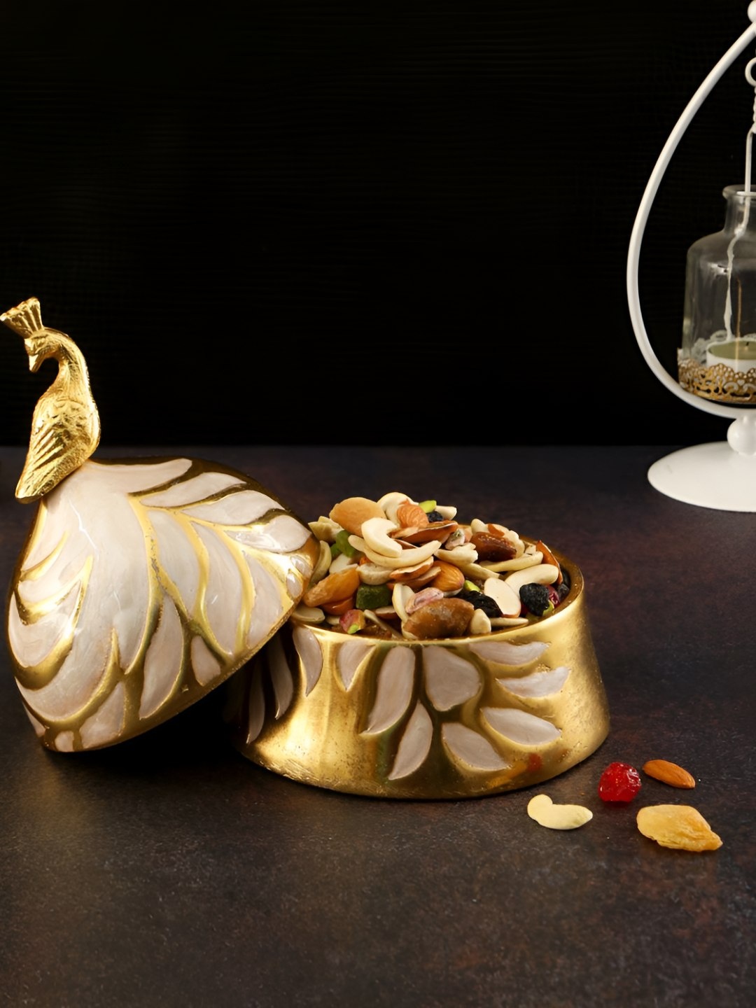 

THE HOME CO. Cream & Gold Toned Peacock Santorini Jar Container