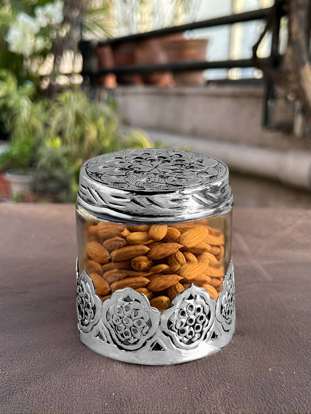 

THE HOME CO. Transparent Textured Round German Silver Jar Container