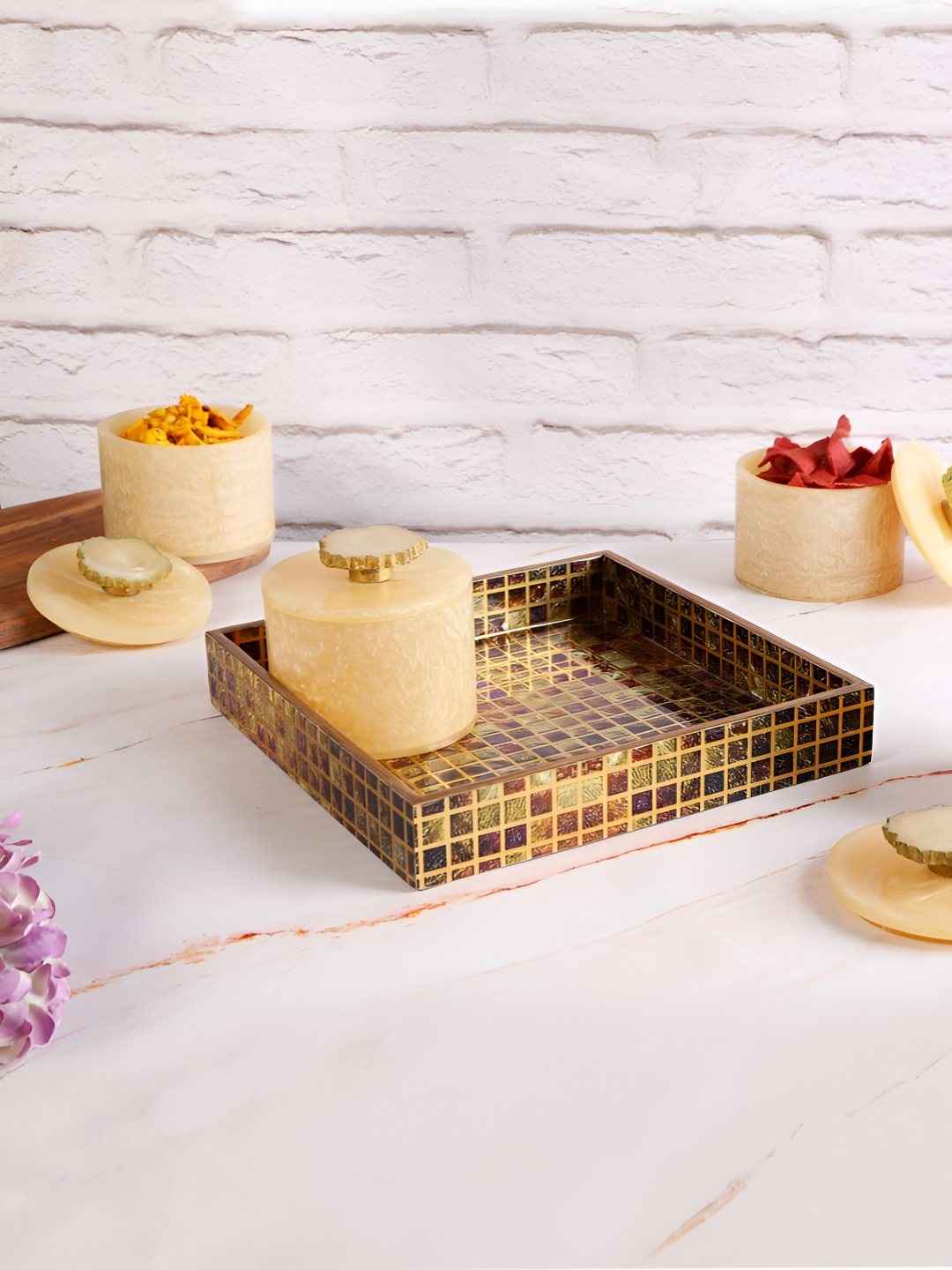 

THE HOME CO. Beige & Brown 4 Pieces Wooden Containers With Tray