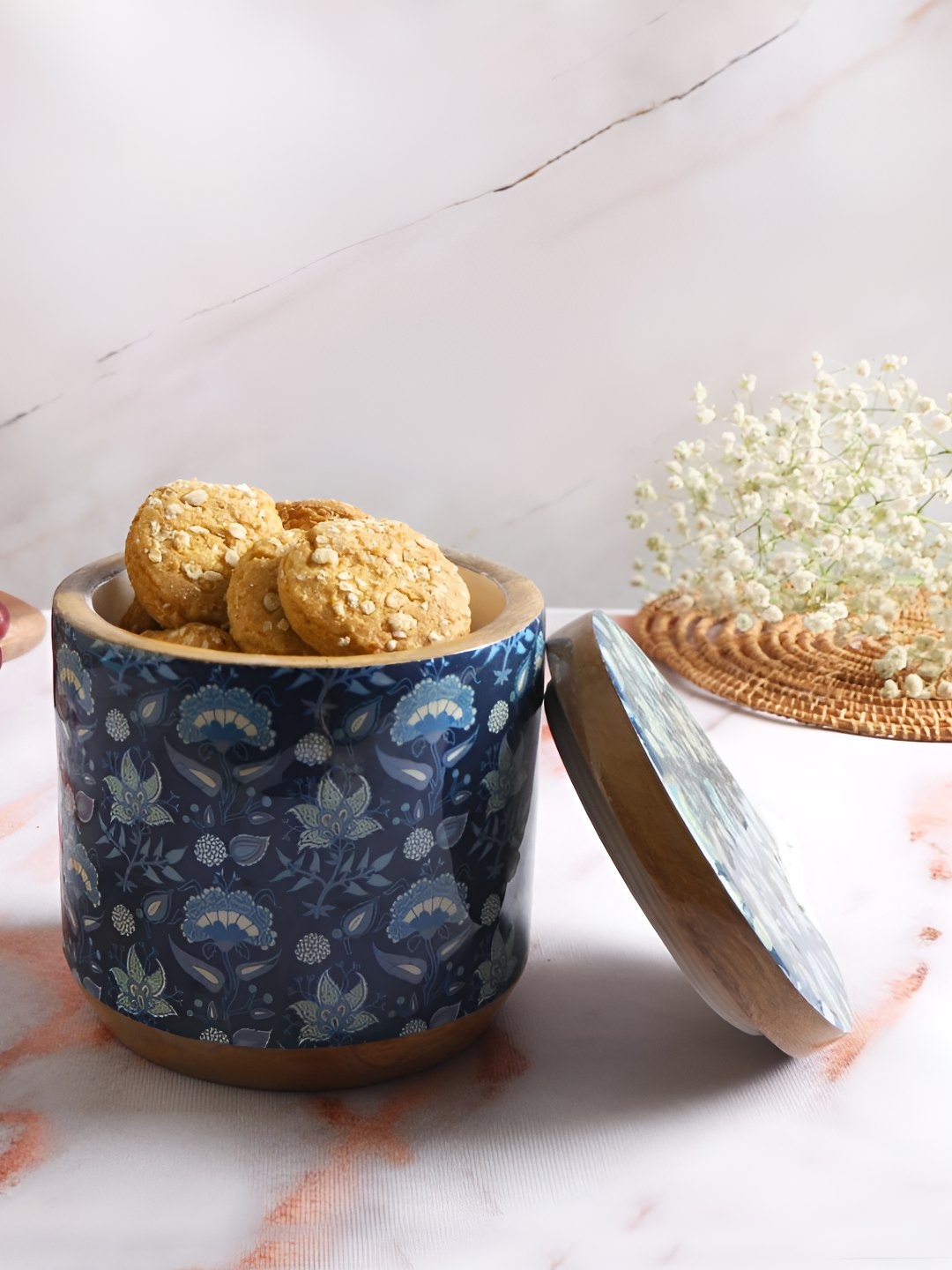 

THE HOME CO. Blue Wooden Jar Container