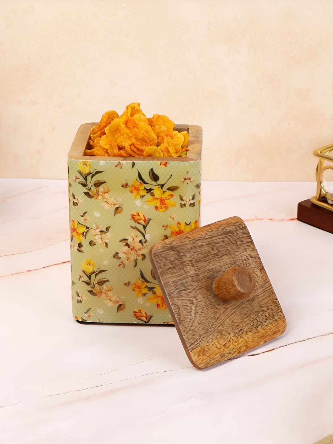 

THE HOME CO. Green & Yellow Printed Wooden Jar Container
