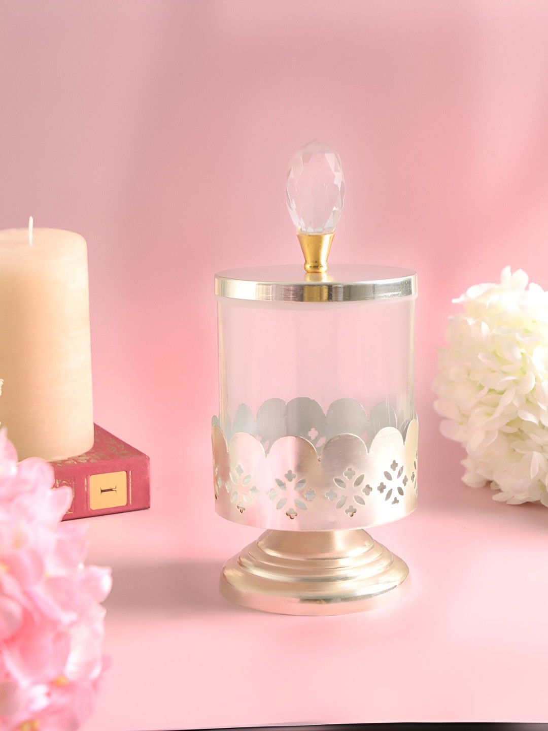 

THE HOME CO. Silver Toned & Transparent Glass Candle Holder With Lid