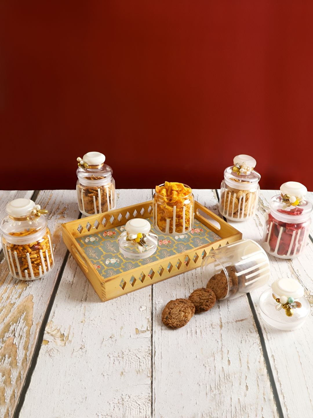 

THE HOME CO. Yellow 7 Pieces Glass Jar With Wooden Tray