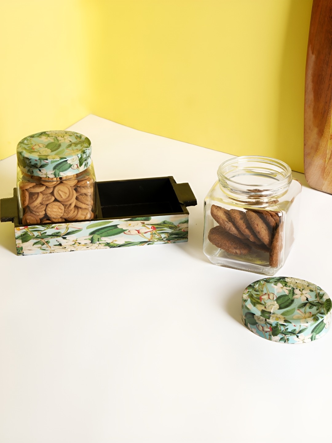 

THE HOME CO. Black & Green 2 Pieces Wooden Canisters