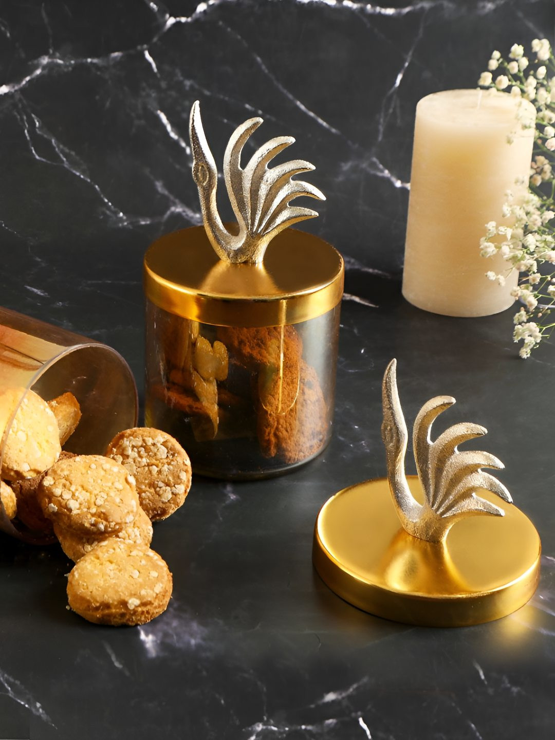 

THE HOME CO. Transparent & Gold Toned 2 Pieces Glass Jar Containers With Lids