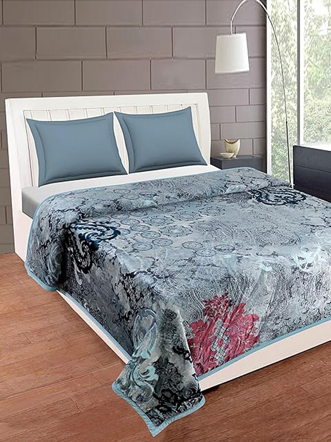 

Bezzilish Home Grey & Pink Floral Heavy Winter 350 GSM Double Bed Blanket