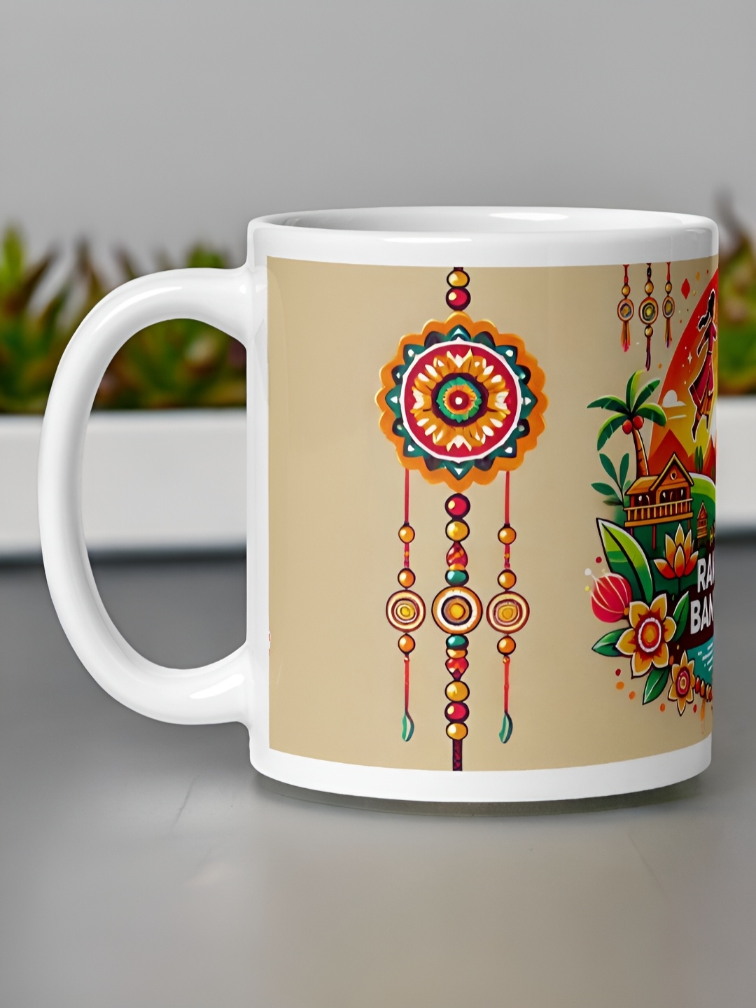 

bettergiftflowers Beige Raskhabandhan Printed Ceramic Glossy Mugs 350 ml