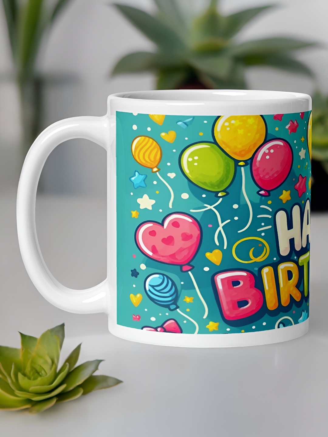 

bettergiftflowers White & Green Happy Birthday Printed Ceramic Glossy Mugs 350 ml
