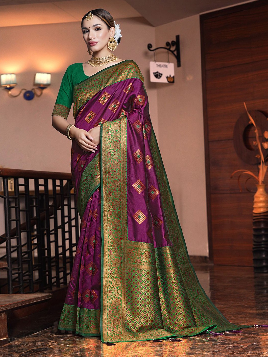 

JUST FASHION Ethnic Motifs Zari Banarasi Saree, Magenta