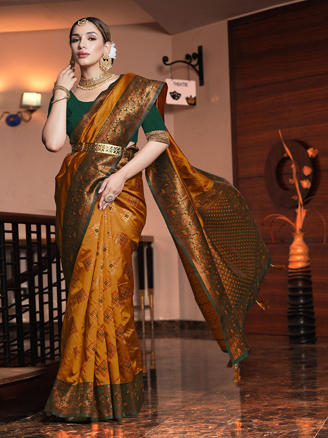 

JUST FASHION Woven Design Zari Banarasi Saree, Mustard