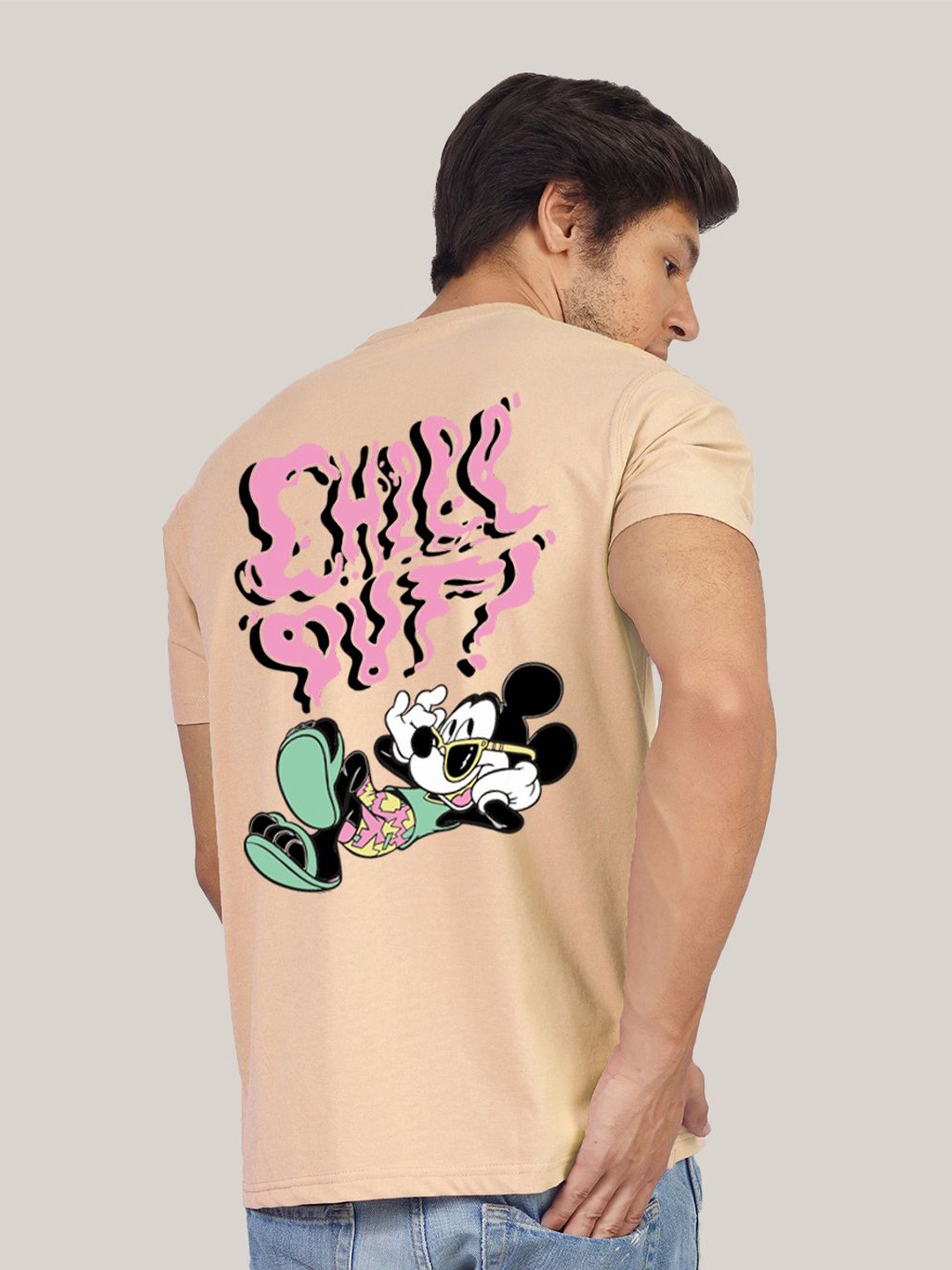 Greylongg Men Graphic Mickey Mouse Printed Round Neck T-shirt, Beige