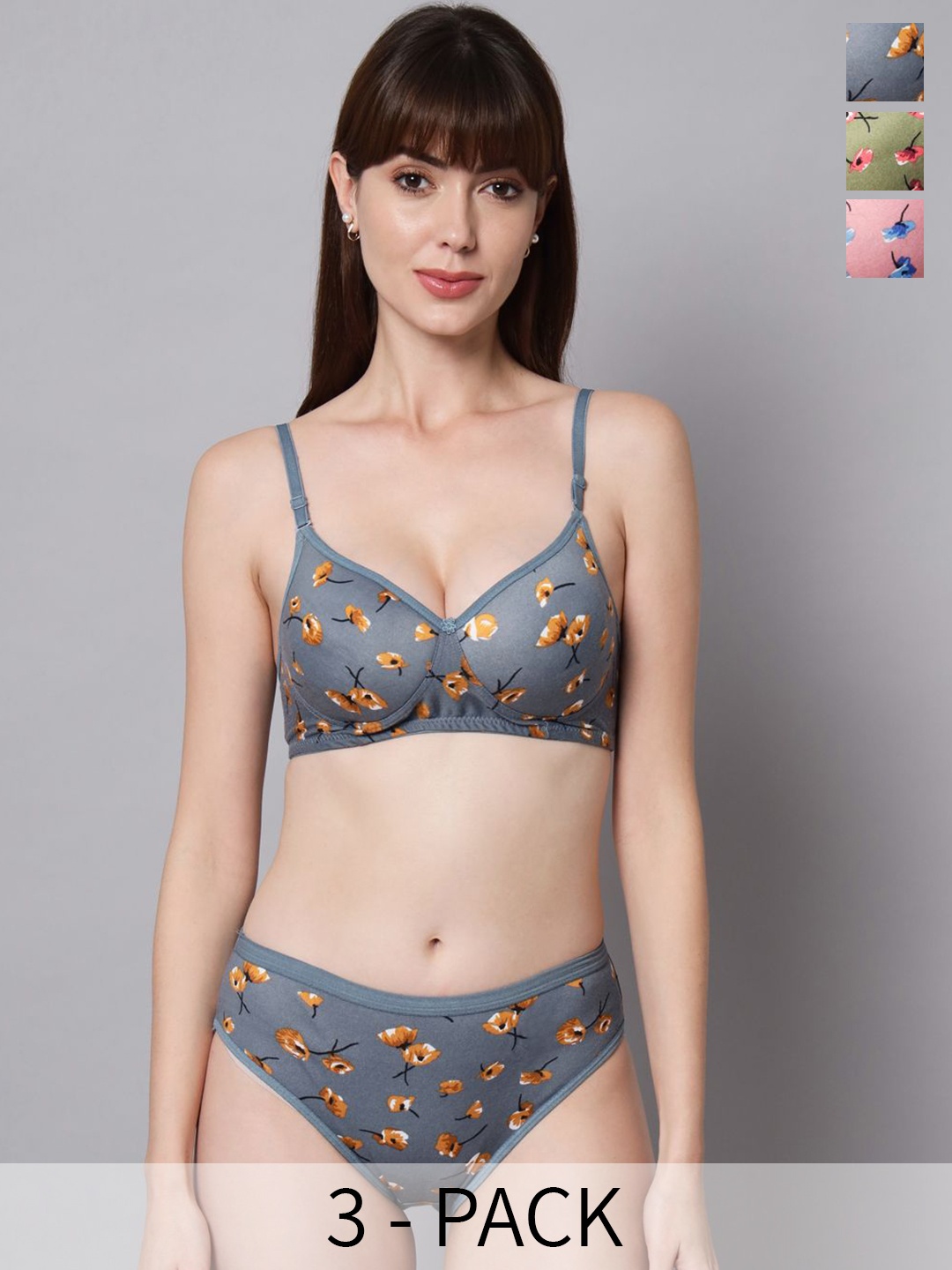 

R Cube Pack Of 3 Printed Padded Lingerie, Pink