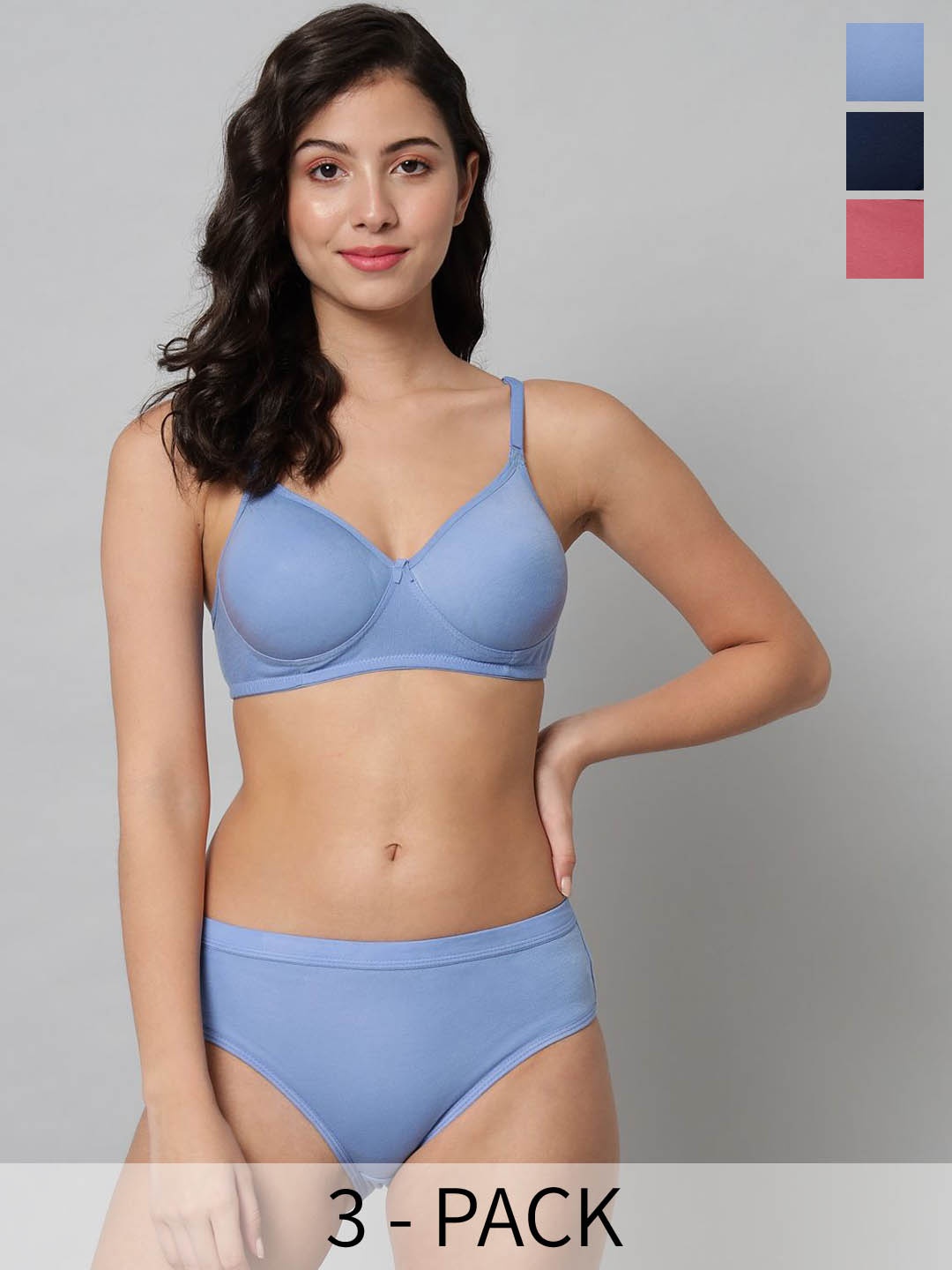 R Cube Pack Of 3 Padded Lingerie Set, Blue