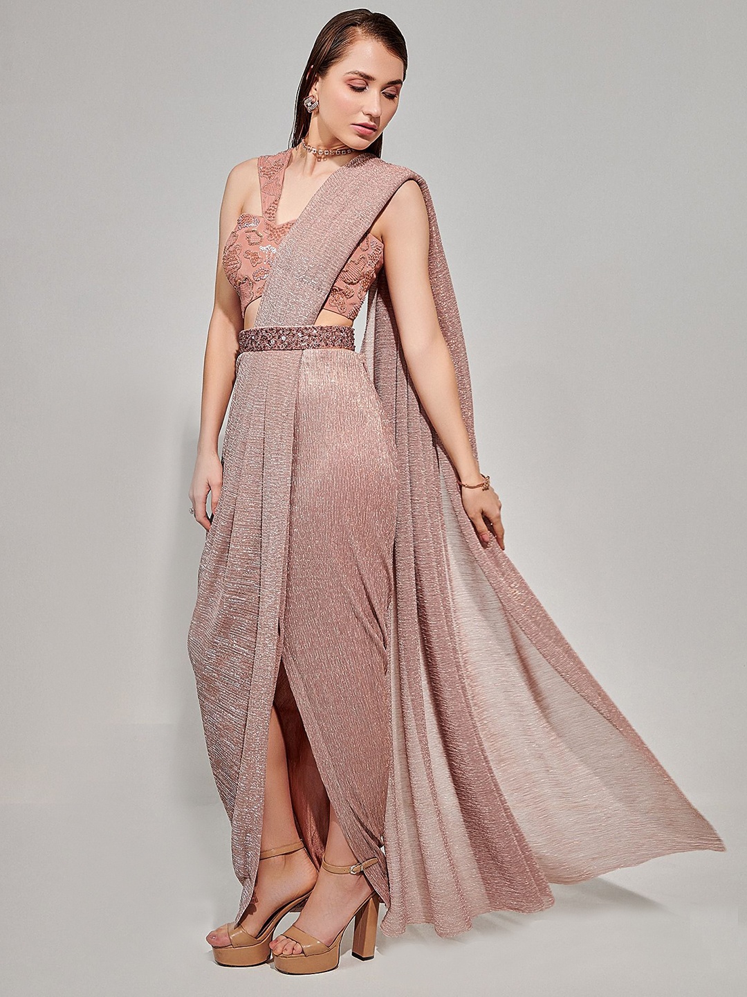 

ONE KNOT ONE Embellished Satin Dhoti Saree, Beige