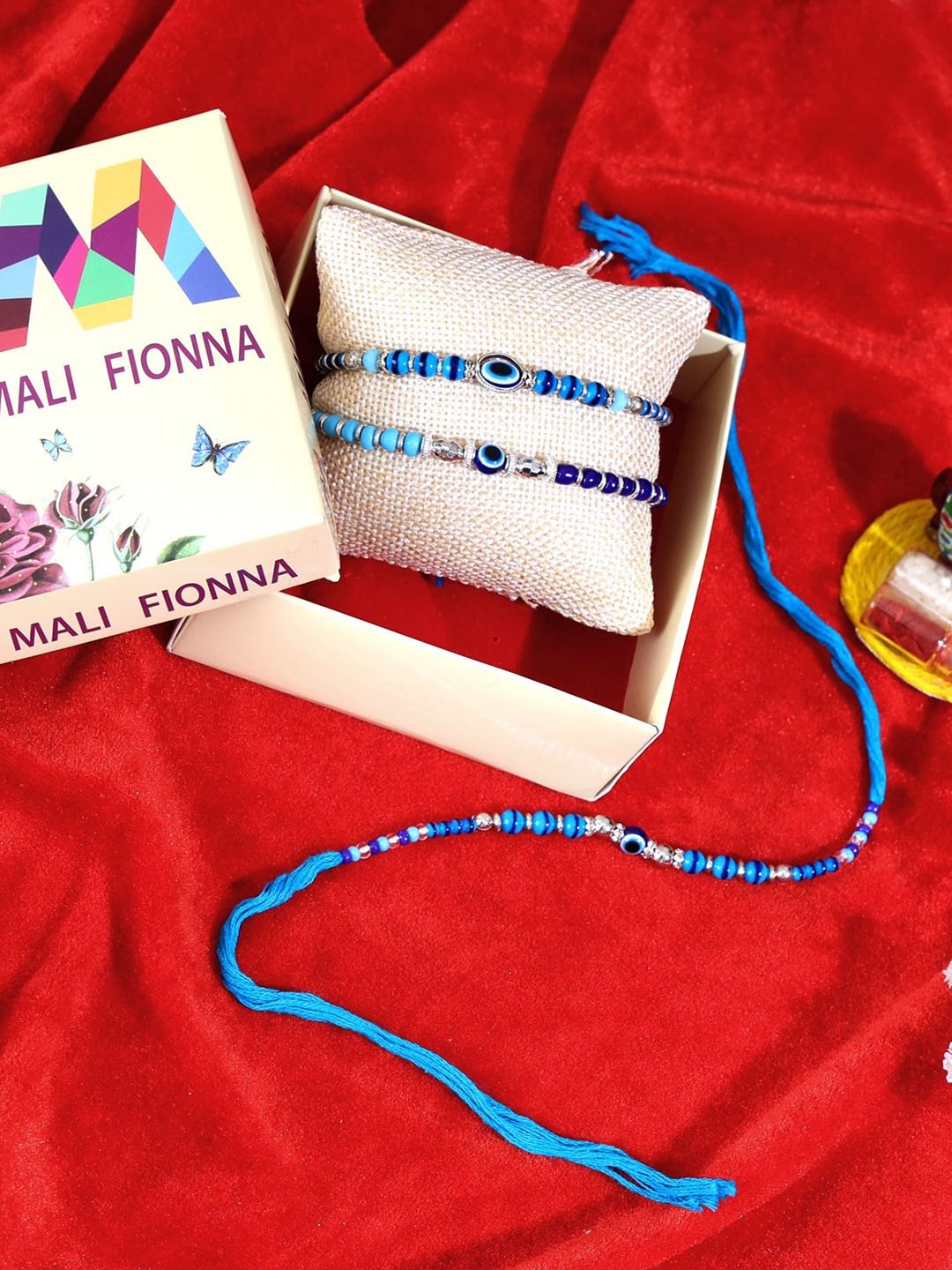 

Mali Fionna Set Of 3 Beaded Thread Rakhis, Blue