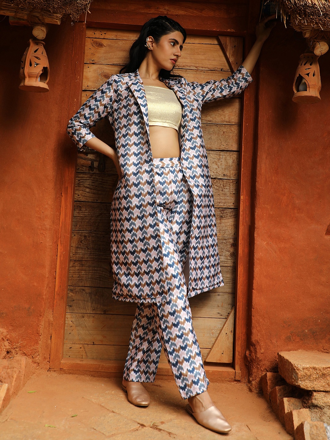 

QISSA Printed Three Quarter Sleeve Shrug Top & Trouser Co-Ords, Beige