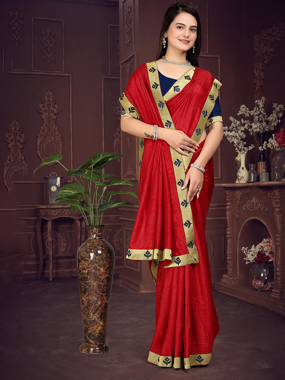 

Om Shantam Sarees Zari Printed Saree, Red