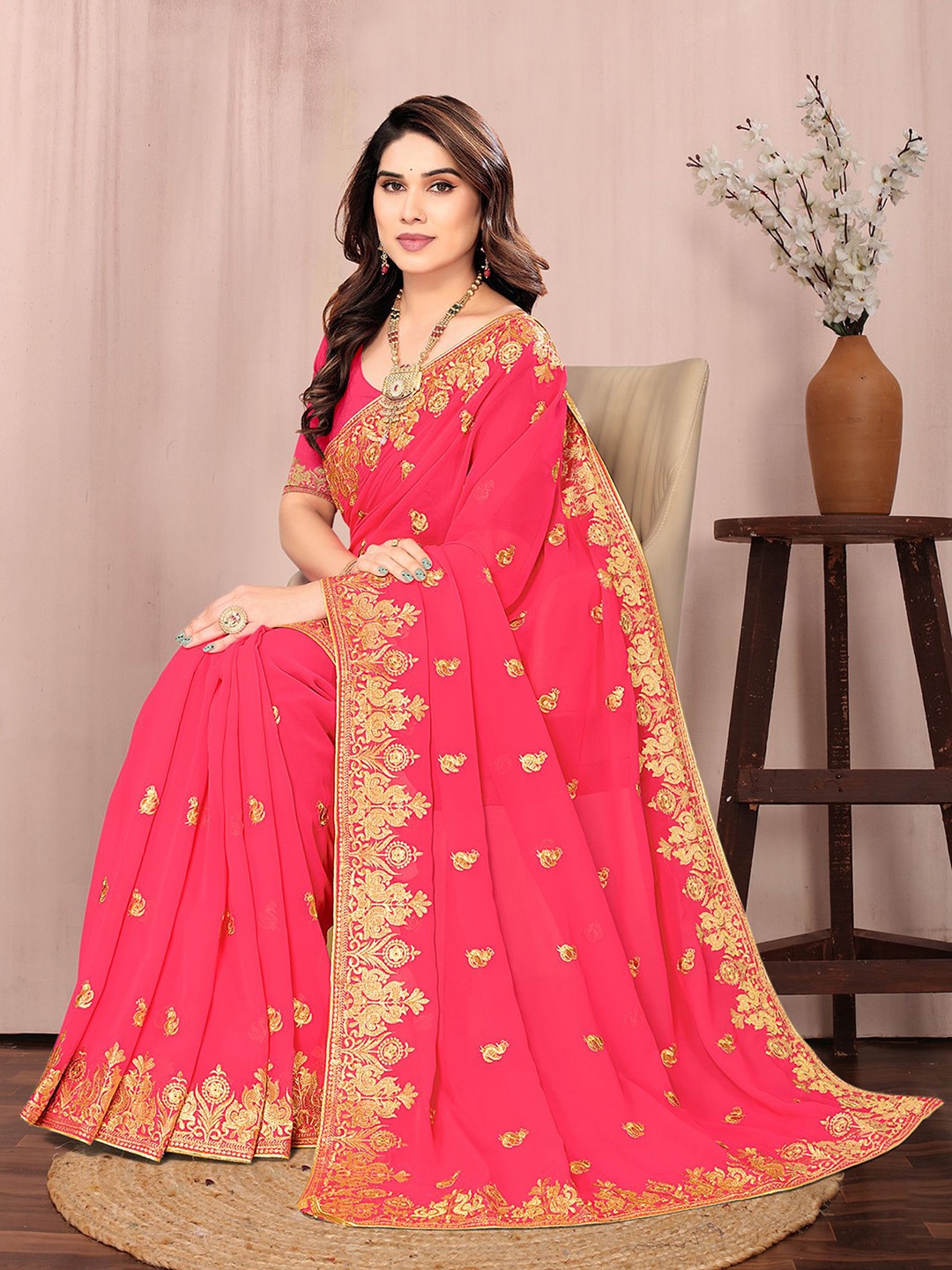 

Om Shantam Sarees Ethnic Motifs Embroidered Saree, Pink